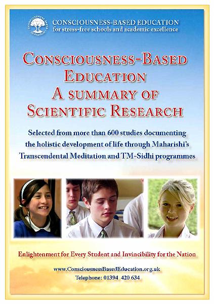 9 CBE-SR-UK1-16v2_Page_01.jpg - Cover of beautiful 16-page Consciousness-Based Education brochure which features a summary of scientific research on the Transcendental Meditation Technique and the benefits in the field of education